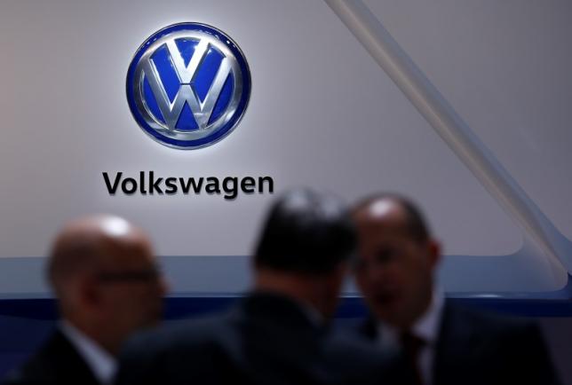 Logo of Volkswagen is pictured on the wall at the 86th International Motor Show in Geneva